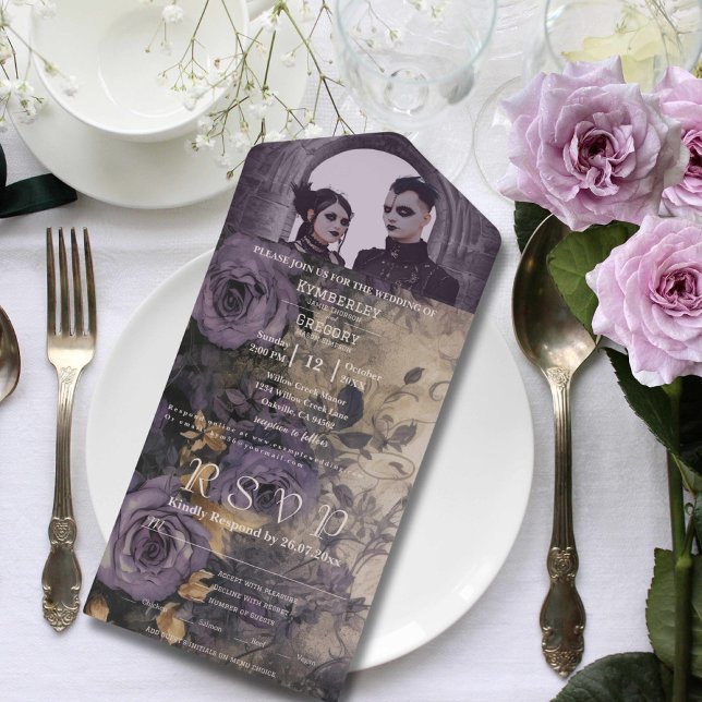 Invitación Todo En Uno Elegante Rosa gótico-gótico morado Una foto (Subido por el creador)