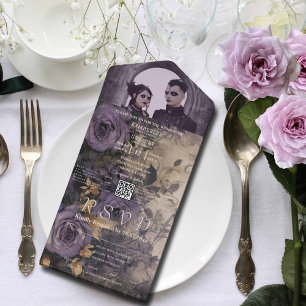 Invitación Todo En Uno Elegante Rosa gótico oscuro foto código QR