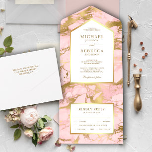 Invitación Todo En Uno Elegante Rosa Mármol Beige Hoja de Oro Falso Boda