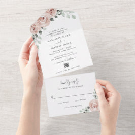 Invitación Todo En Uno Elegante Rosa polvoriento Boda de código QR con fl