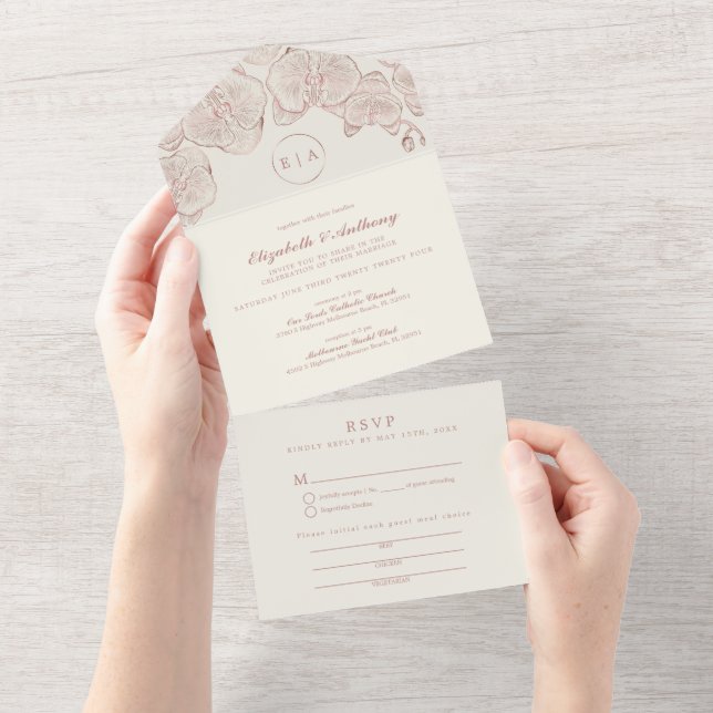 Invitación Todo En Uno Elegante Rosa polvoriento Orquídea Boda de fotogra (desgarro)