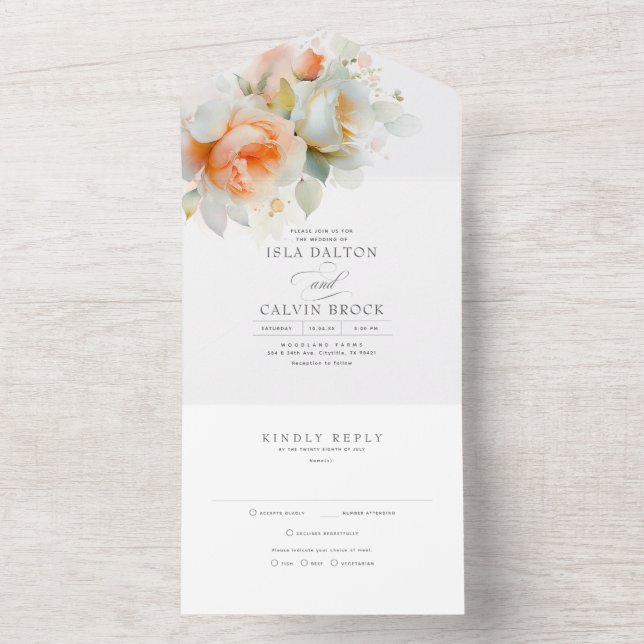 Invitación Todo En Uno Elegante Rosa suave florido Boho Boda (Interior)