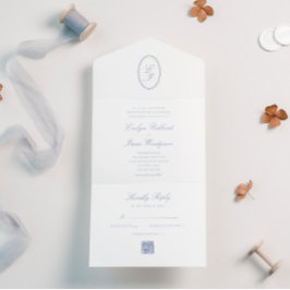 Invitación Todo En Uno Elegante RSVP Calligraphy Dusty Blue QR Code