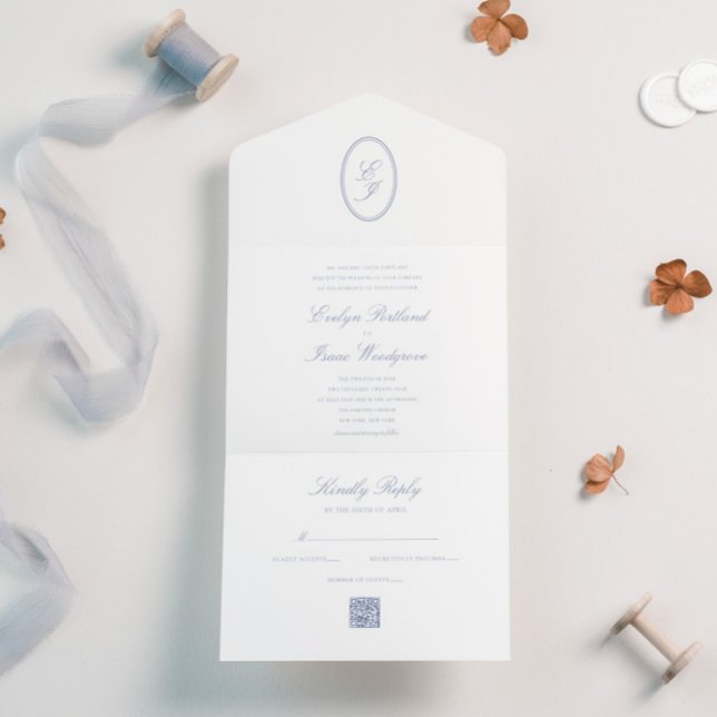 Invitación Todo En Uno Elegante RSVP Calligraphy Dusty Blue QR Code (Subido por el creador)