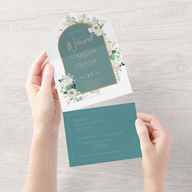 Invitación Todo En Uno Elegante RSVP de boda todo en uno con rosas blanca (desgarro)