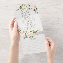 Invitación Todo En Uno Elegante Rubor Floral Baby Shower & Consejos