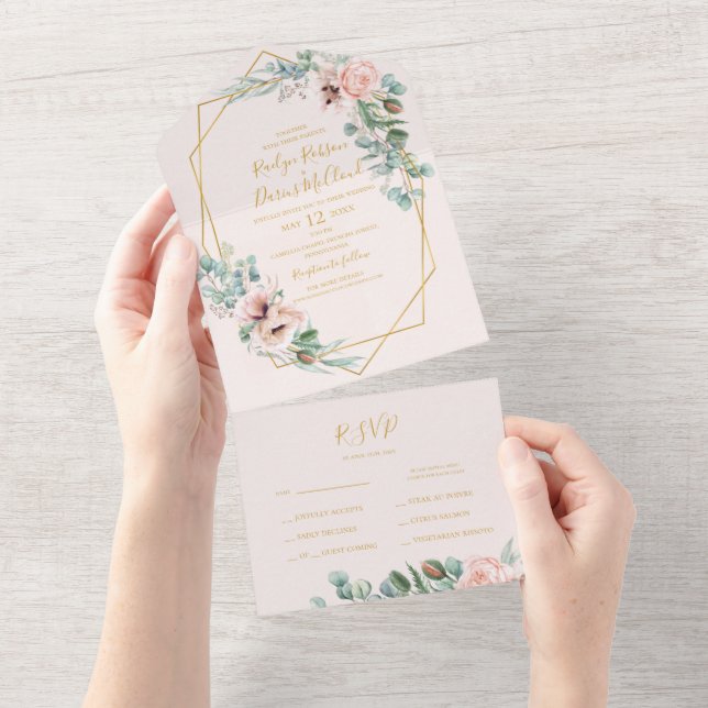 Invitación Todo En Uno Elegante Rubor Floral | Sello Pastel Y Envío (desgarro)