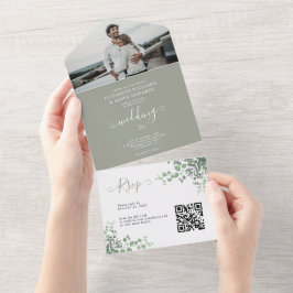 Invitación Todo En Uno Elegante rustico Eucalyptus Foto Boda de código QR