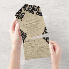 Invitación Todo En Uno Elegante Rústico Vintage Victoriano Floral Damasco