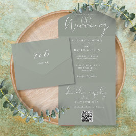 Invitación Todo En Uno Elegante Sage Green Código QR Monograma Boda
