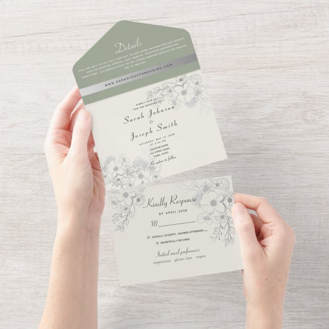 Invitación Todo En Uno Elegante Sage Green Ivory Boda (desgarro)