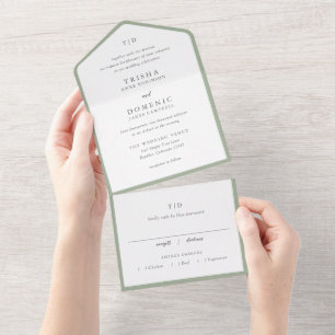 Invitación Todo En Uno Elegante Sage Green Monograma Moderno Boda
