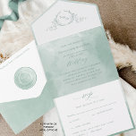 Invitación Todo En Uno Elegante Sage Green Watercolor Monograma Boda Todo<br><div class="desc">Elegante invitación de boda todo en uno triple con postal perforada RSVP. Diseño con exquisitos tonos verdes pálidos detalles de acuarela y delicado monograma botánico dibujado a mano con iniciales de parejas. Elementos modernos de caligrafía escrita a mano. Ambientalmente amigable, ya que no hay necesidad de tarjetas de inserción extra,...</div>