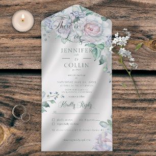 Invitación Todo En Uno Elegante satén blanco y cena floral pastel