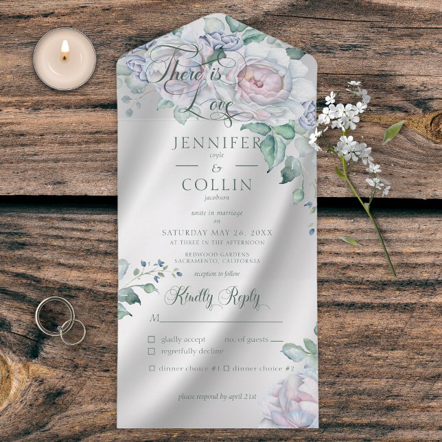 Invitación Todo En Uno Elegante satén blanco y cena floral pastel (Subido por el creador)