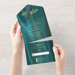 Invitación Todo En Uno Elegante satén Verde azulado y pavo real