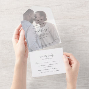 Invitación Todo En Uno Elegante Script Faded Photo Boda All In One Invi