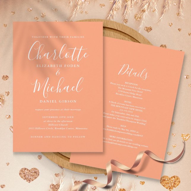 Invitación Todo En Uno Elegante Script Moderno Bodas Melocotó (All In One Elegant Modern Script Peach Wedding Invitation)