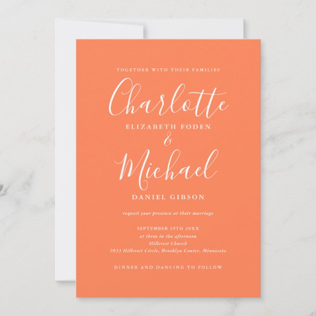 Invitación Todo En Uno Elegante Script Moderno Coral Boda (Anverso)