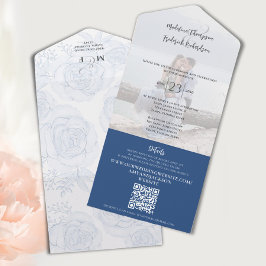 Invitación Todo En Uno Elegante sello floral azul y Boda enviado