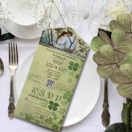 Invitación Todo En Uno Elegante Shamrock Clover Irlandés Celtic Photo QR 