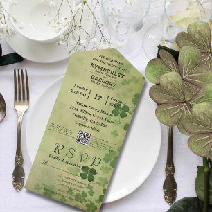 Invitación Todo En Uno Elegante Shamrock Clover Irlandés Celtic QR Code