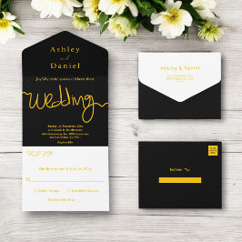 Invitación Todo En Uno Elegante Simple Boda Caligrafía Negra y Dorada