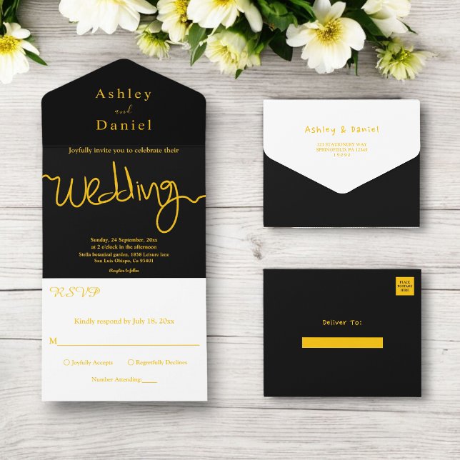 Invitación Todo En Uno Elegante Simple Boda Caligrafía Negra y Dorada (Subido por el creador)