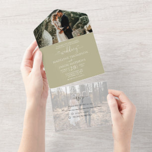 Invitación Todo En Uno Elegante Simple Verde Salvia 2 Fotos RSVP Boda
