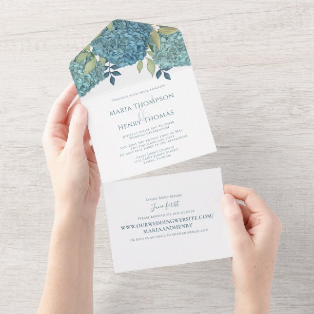 Invitación Todo En Uno Elegante sitio web de Boda de Floral Blue Hydrange (desgarro)
