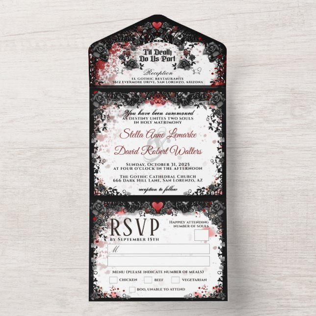 Invitación Todo En Uno Elegante Splatter Splatter Halloween Wedding RSVP  (Interior)