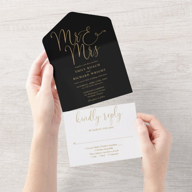 Invitación Todo En Uno Elegante Sr. Y Sra. Script Boda Negro Y Oro (desgarro)