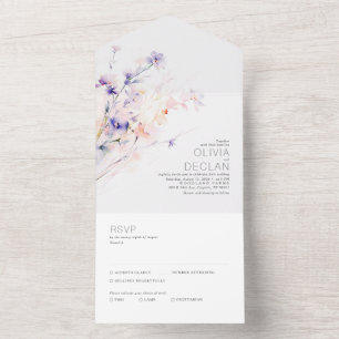 Invitación Todo En Uno Elegante suave color de agua flores Boda púrpura