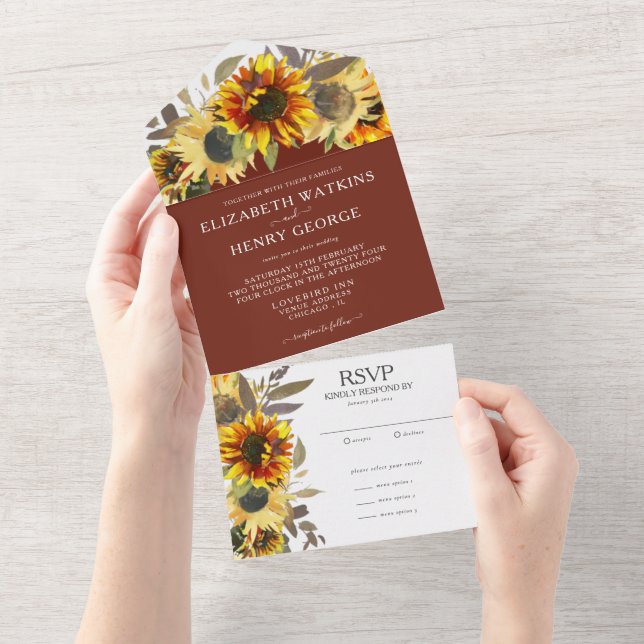 Invitación Todo En Uno Elegante Sunflower Tan Brown Fall Wedding (desgarro)