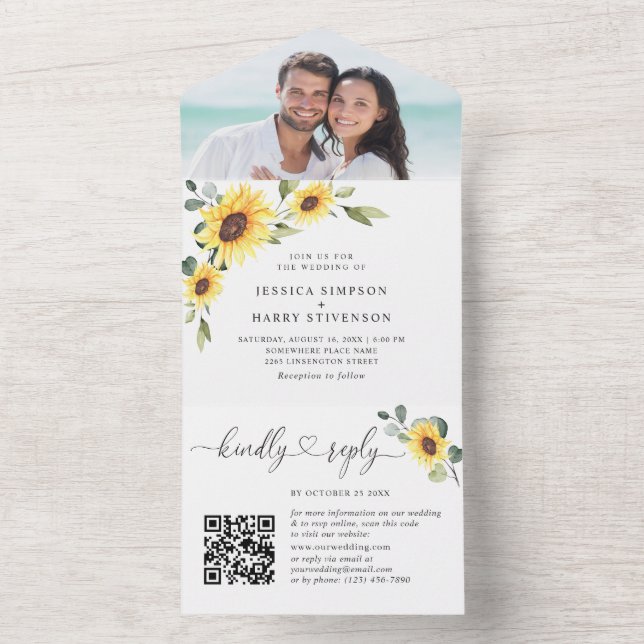 Invitación Todo En Uno Elegante Sunflowers Eucalyptus Boda código QR (Interior)
