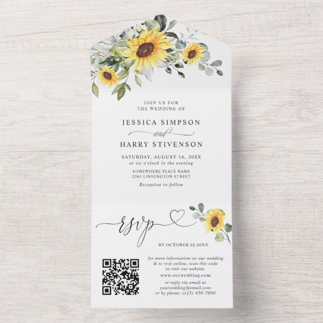 Invitación Todo En Uno Elegante Sunflowers Eucalyptus Boda código QR (Interior)