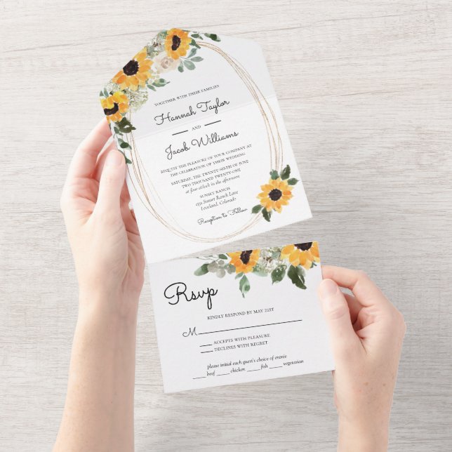 Invitación Todo En Uno Elegante Sunflowers Eucalyptus Boda Con RSVP (desgarro)