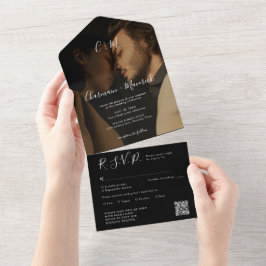Invitación Todo En Uno Elegante superpuesto Monograma Negro Boda