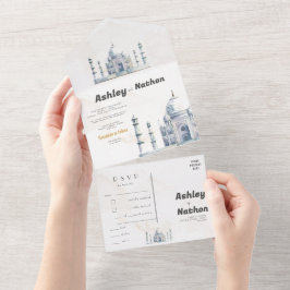 Invitación Todo En Uno Elegante Taj Mahal Typology Boda de acuarela
