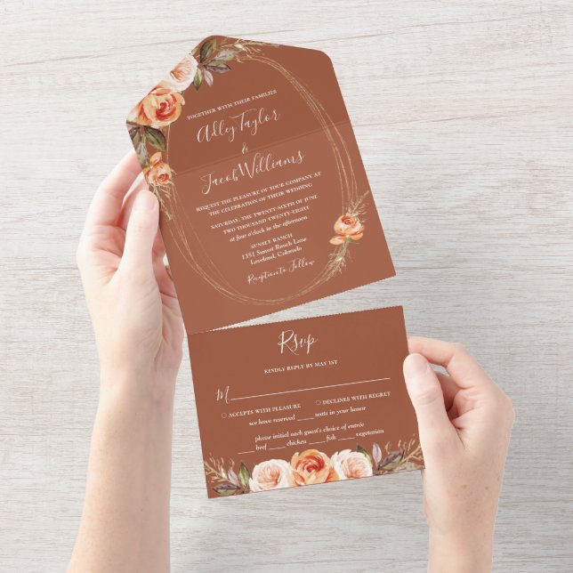 Invitación Todo En Uno Elegante Terracota Boho Floral Fall Wedding (desgarro)