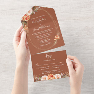 Invitación Todo En Uno Elegante Terracota Boho Floral Fall Wedding