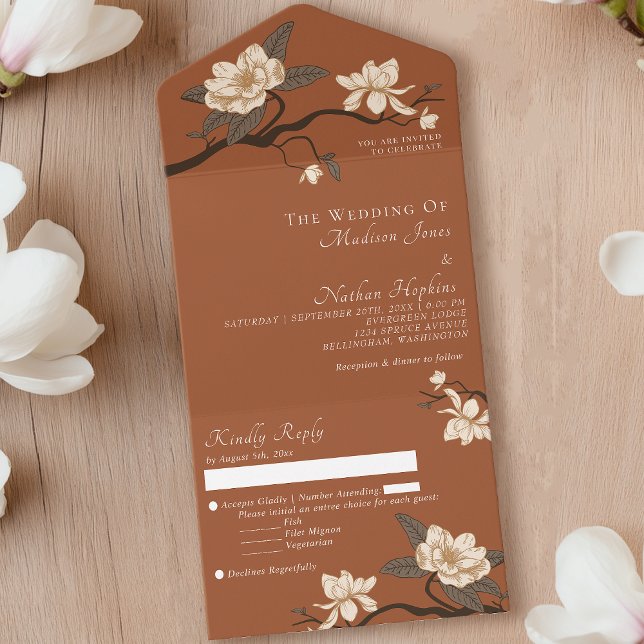Invitación Todo En Uno Elegante Terracota Minimal Magnolia Boda (Subido por el creador)