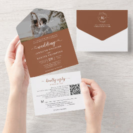 Invitación Todo En Uno Elegante Terracota Monograma Código QR Boda de fot