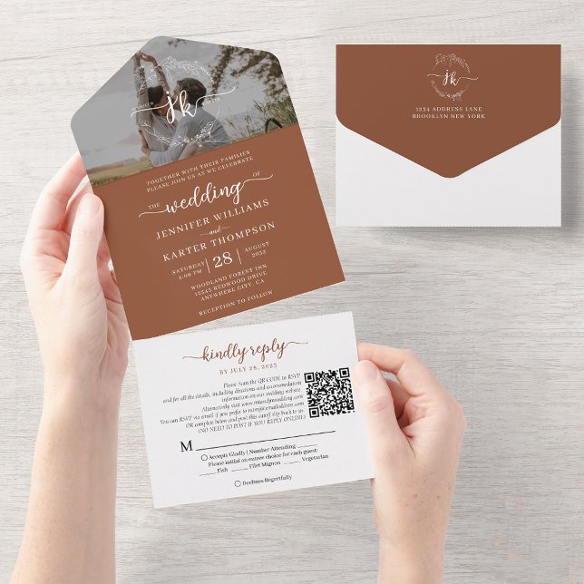 Invitación Todo En Uno Elegante Terracota Monograma Código QR Boda de fot (Subido por el creador)