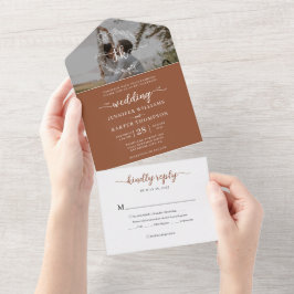 Invitación Todo En Uno Elegante Terracota Monograma Foto Boda Rsvp