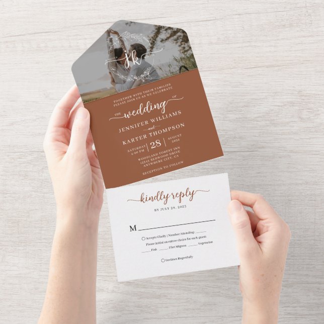 Invitación Todo En Uno Elegante Terracota Monograma Foto Boda Rsvp (desgarro)