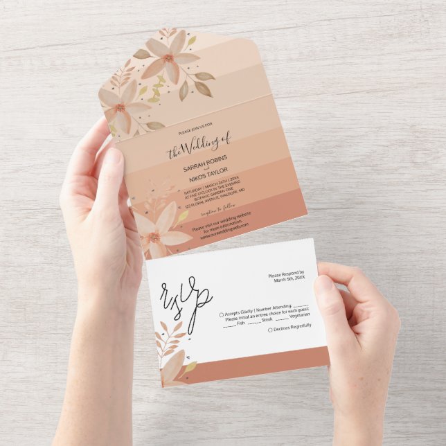 Invitación Todo En Uno Elegante Terracota Ombre Flores Acuáticas (desgarro)