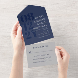 Invitación Todo En Uno Elegante Tipografía Gris Azul Marino Boda