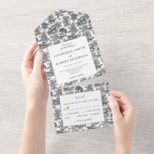 Invitación Todo En Uno Elegante Toile de Caballo Blanco Negro Vintage