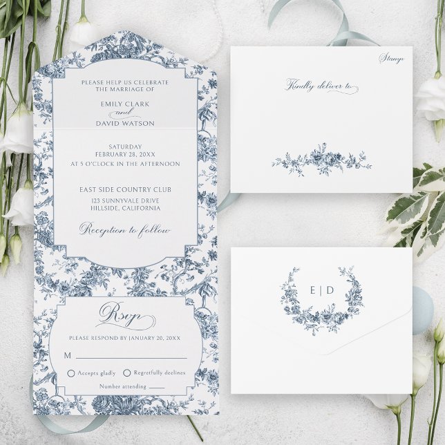 Invitación Todo En Uno Elegante toile floral azul francés grabado (Subido por el creador)